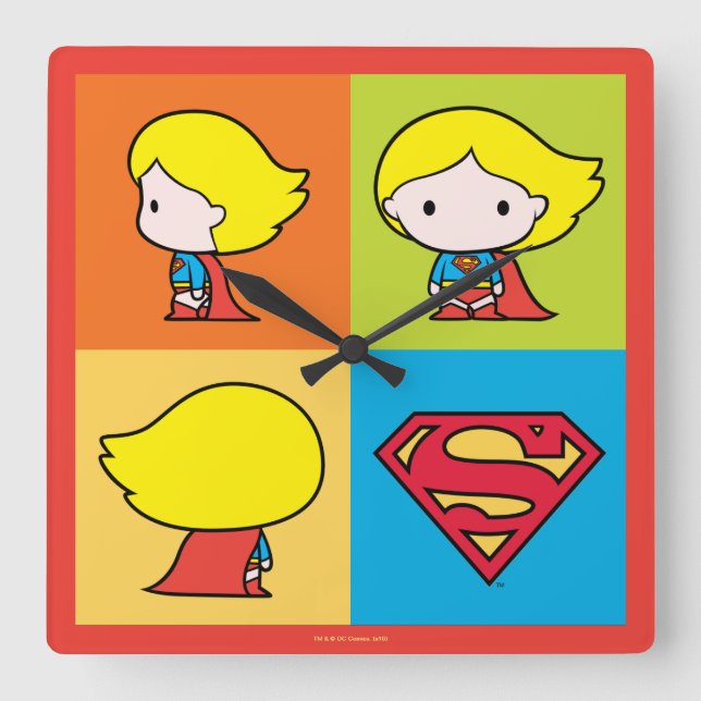 Chibi Supergirl Character Umrundung Quadratische Wanduhr (Vorderseite)