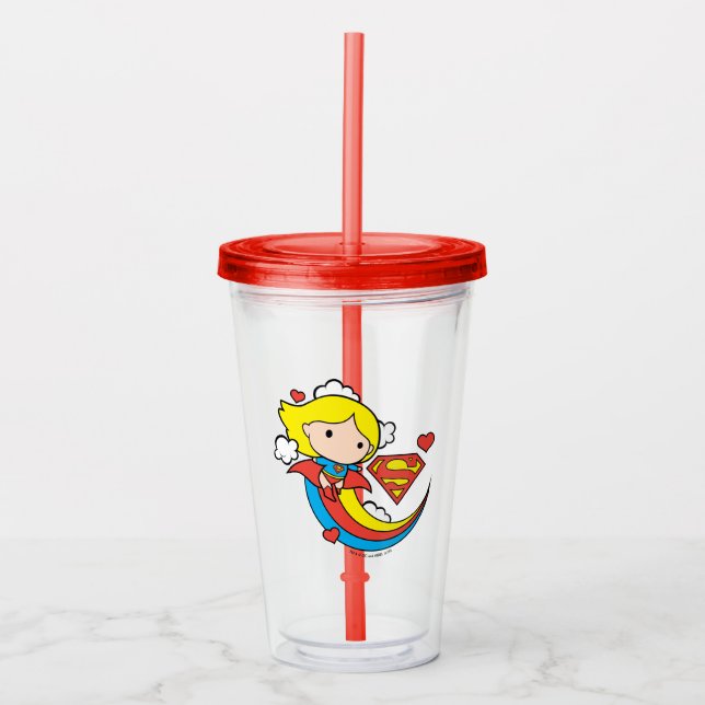 Chibi Supergirl Flying Rainbow Acryltrinkbecher (Vorderseite)