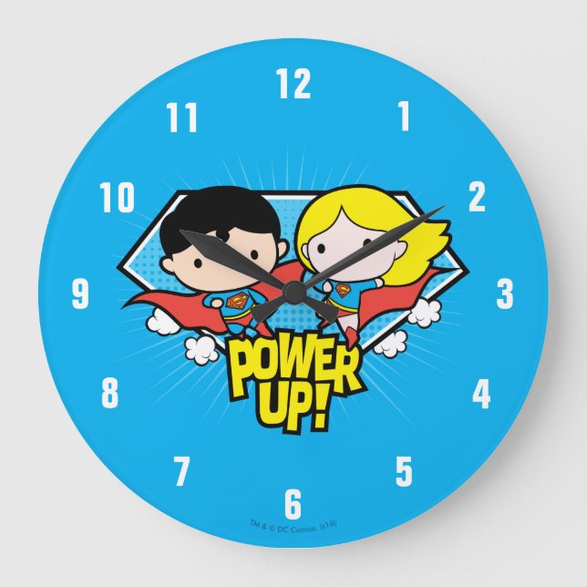 Chibi Superman & Chibi Supergirl Power Up! Große Wanduhr (Vorderseite)