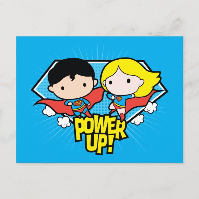 Chibi Superman & Chibi Supergirl Power Up! Postkarte (Vorderseite)