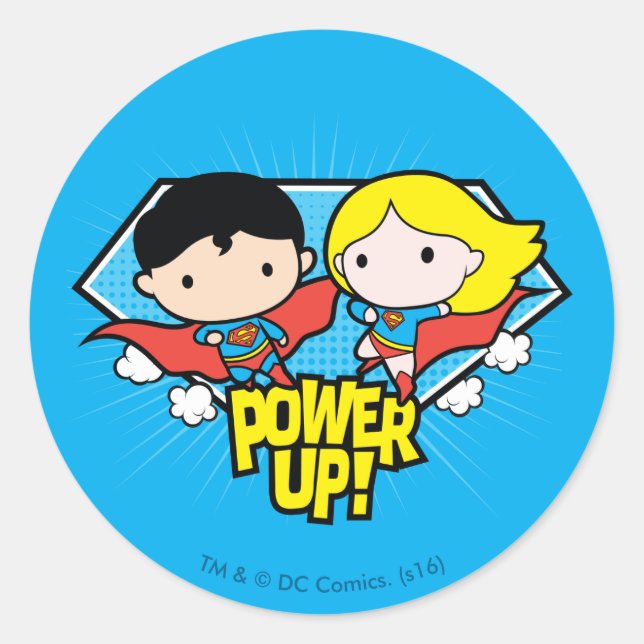 Chibi Superman & Chibi Supergirl Power Up! Runder Aufkleber (Vorderseite)
