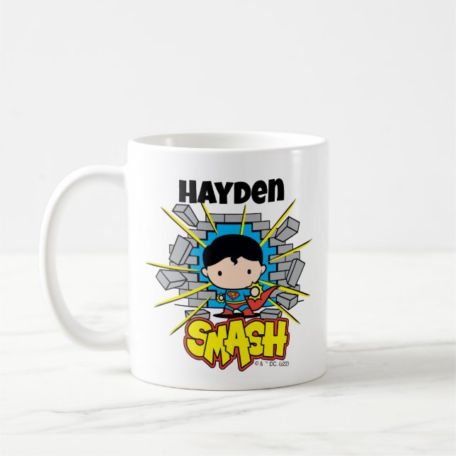 Chibi Superman Smashing Through Brick Wall Kaffeetasse (Links)