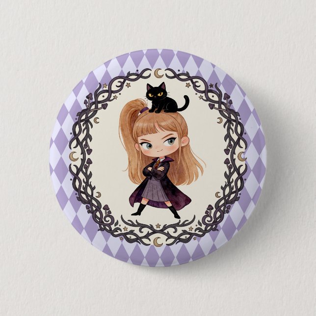 Chibi Süße Hexe Eins und schwarze Katze Wasserfarb Button (Vorderseite)