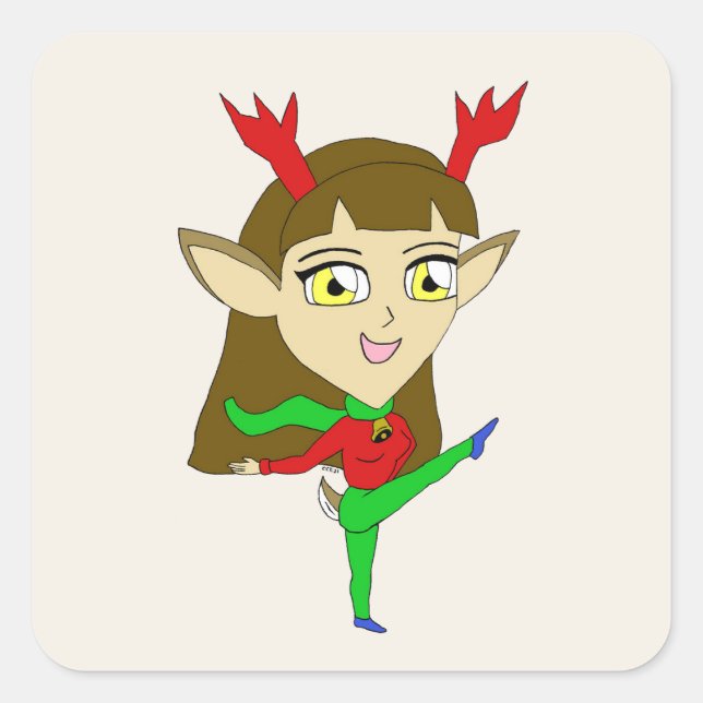 Chibi tanzend Rentiermädchen Quadratischer Aufkleber (Vorderseite)