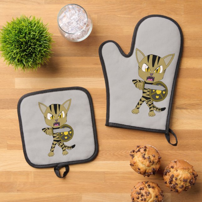 Chibi Warrior Cat Ofenhandschuh & Topflappen-Set (Oben Unten)