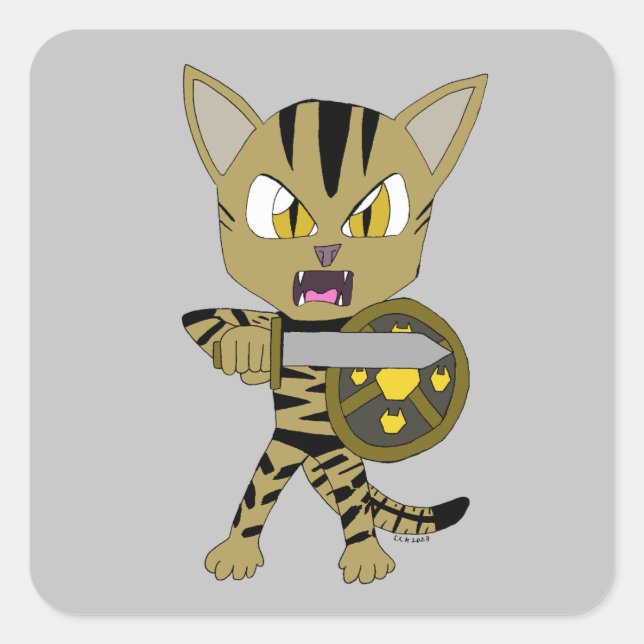 Chibi Warrior Cat Quadratischer Aufkleber (Vorderseite)