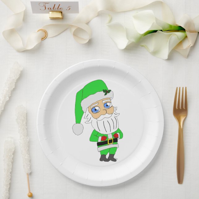 Chibi-Weihnachtsmann im grünen Anzug Pappteller (Hochzeit)
