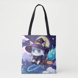 Chibi Witch Cat Flying in Starry Sky – Kawaii Magi
