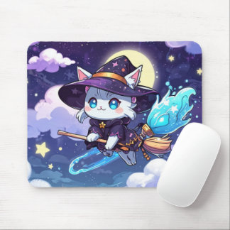 Chibi Witch Cat Flying in Starry Sky – Kawaii Magi Mousepad