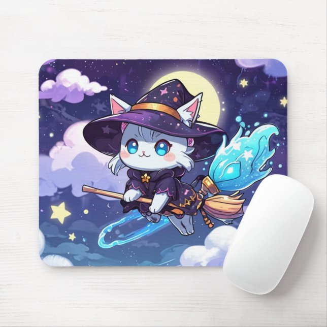 Chibi Witch Cat Flying in Starry Sky – Kawaii Magi Mousepad (Mit Mouse)