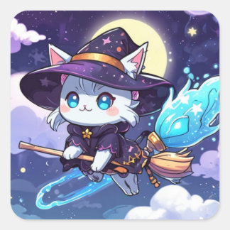 Chibi Witch Cat Flying in Starry Sky – Kawaii Magi Quadratischer Aufkleber