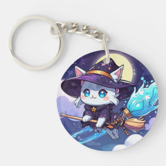 Chibi Witch Cat Flying in Starry Sky – Kawaii Magi Schlüsselanhänger