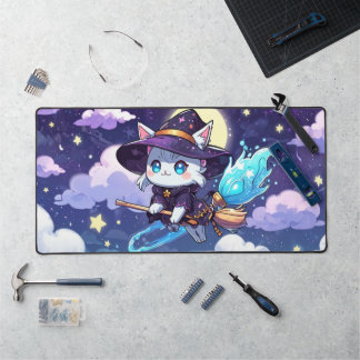 Chibi Witch Cat Flying in Starry Sky – Kawaii Magi Schreibtischunterlage