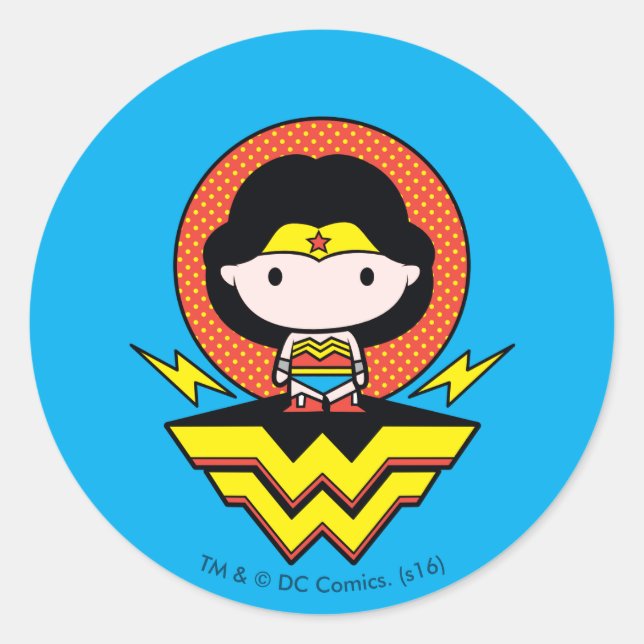 Chibi Wonder Woman mit Polka Docks und Logo Runder Aufkleber (Vorderseite)