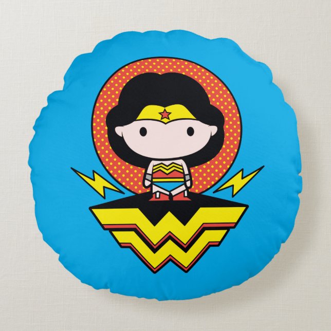 Chibi Wonder Woman mit Polka Docks und Logo Rundes Kissen (Vorderseite)