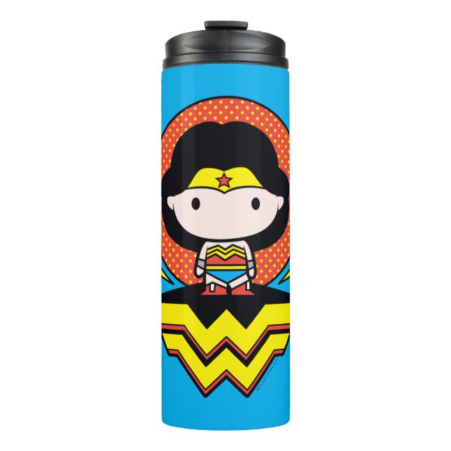 Chibi Wonder Woman mit Polka Docks und Logo Thermosbecher (Vorderseite)