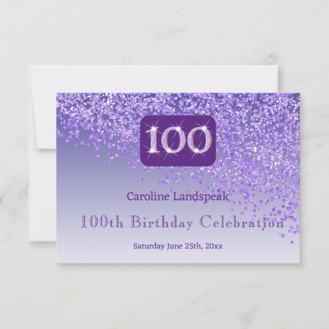 Chic 100 Geburtstag Lila Glitzer UAWG RSVP Karte (Vorderseite)