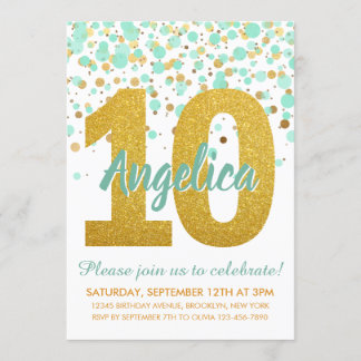 Chic 10. Geburtstag Mint Gold Glitzer Confetti Gir Einladung