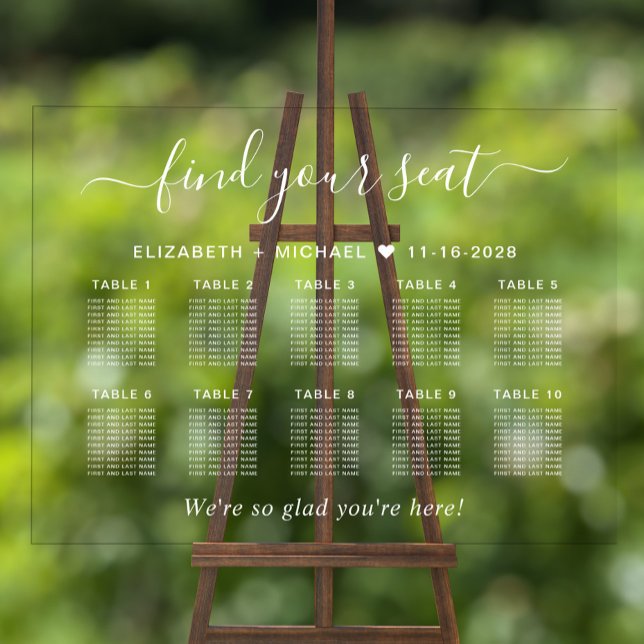 Chic 10 Table White Script Wedding Seating Clear Acrylschild (Von Creator hochgeladen)