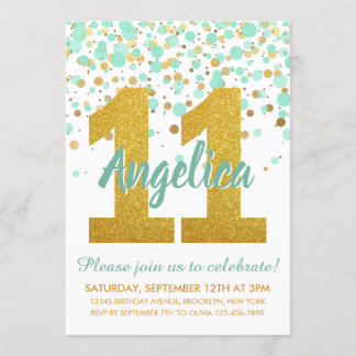Chic 11. Geburtstag Mint Gold Glitzer Confetti Gir Einladung