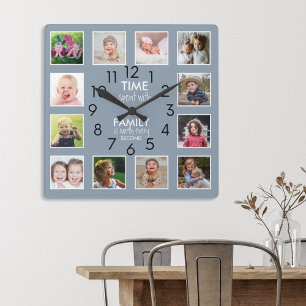 Chic 12 Foto Collage Family Time Quote Dusty Blue Quadratische Wanduhr