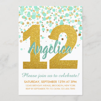 Chic 12. Geburtstag Mint Gold Glitzer Confetti Gir Einladung
