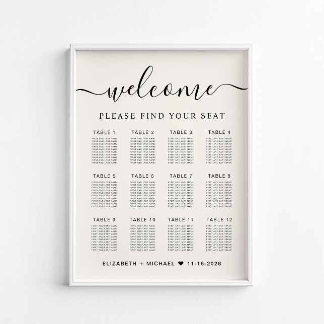 Chic 12 Table Cream Wedding Seating Chart Poster (Von Creator hochgeladen)