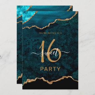 Chic 16 . Geburtstag Aquamarin Gold Agate Party Einladung