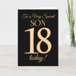 Chic 18. Gold-Effekt auf Black für Son Birthday Karte<br><div class="desc">Eine schicke 18. Geburtstagskarte für einen 'Sehr Special Son',  mit einer Zahl 18,  die aus den Zahlen des Goldenen Effekts und dem Wort 'Son' auf schwarzem Hintergrund besteht. Die innere Botschaft,  die Sie ändern können,  wenn Sie wollen,  ist "Happy Birthday"</div>