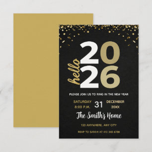 Chic 2026 Silvesterparty Gold Glitter Schwarz  Einladung