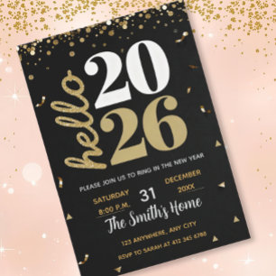 Chic 2026 Silvesterparty Gold Glitter Schwarz  Einladung