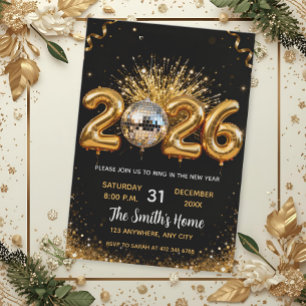 Chic 2026 Silvesterparty Gold Glitter Schwarz  Einladung