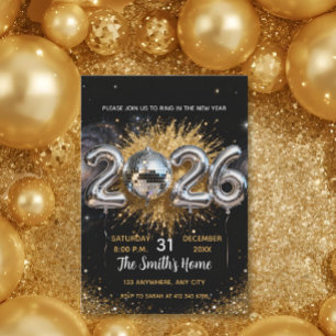 Chic 2026 Silvesterparty Gold Glitter Schwarz  Einladung