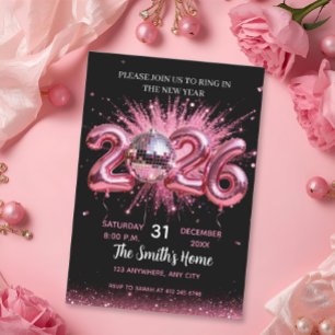 Chic 2026 Silvesterparty Pink Glitter Schwarz  Einladung