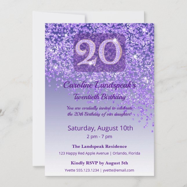 Chic 20. Geburtstag Lila Glitter Einladung (Vorderseite)