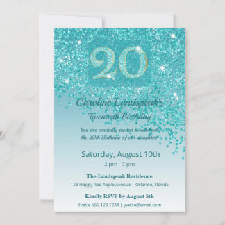 Chic 20. Geburtstag Teal Blau Glitter Einladung