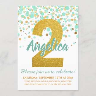 Chic 2. Geburtstag Mint Green Gold Glitzer Confett Einladung