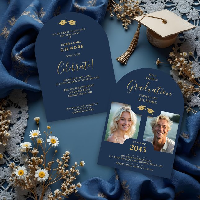 Chic 2-Photo Twins Graduation Fake Golden Blue Einladung (Chic 2-Photo Double Twins Graduation Fake Golden and Blue Whimsical Modern Calligraphy Invitation.)