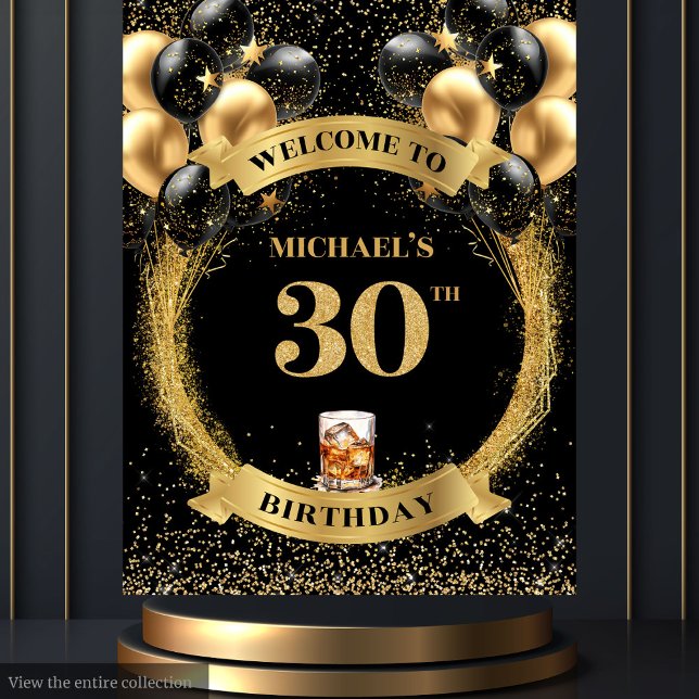 Chic 30. Man Birthday Whiskey Party Event Banner Wandteppich (Chic 30th Man Birthday Whiskey Party Event Banner)