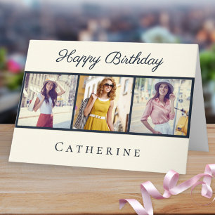Chic 3 Foto-Collage Elegant Script Geburtstag Karte