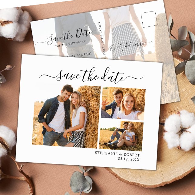 Chic 3 Foto Collage Wedding Budget Save the Date Ankündigungspostkarte (Von Creator hochgeladen)