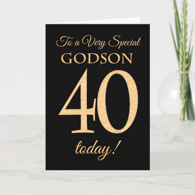 Chic 40. Gold-Effekt auf Black, Godson Birthday Karte (Vorderseite)