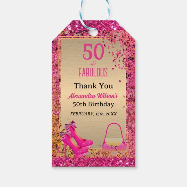 Chic 50 & Fabulous High Heels Gold Hot Pink Glitze Geschenkanhänger (Vorderseite)