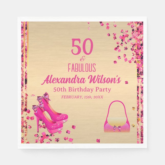 Chic 50 & Fabulous High Heels Gold Hot Pink Glitze Serviette (Vorderseite)