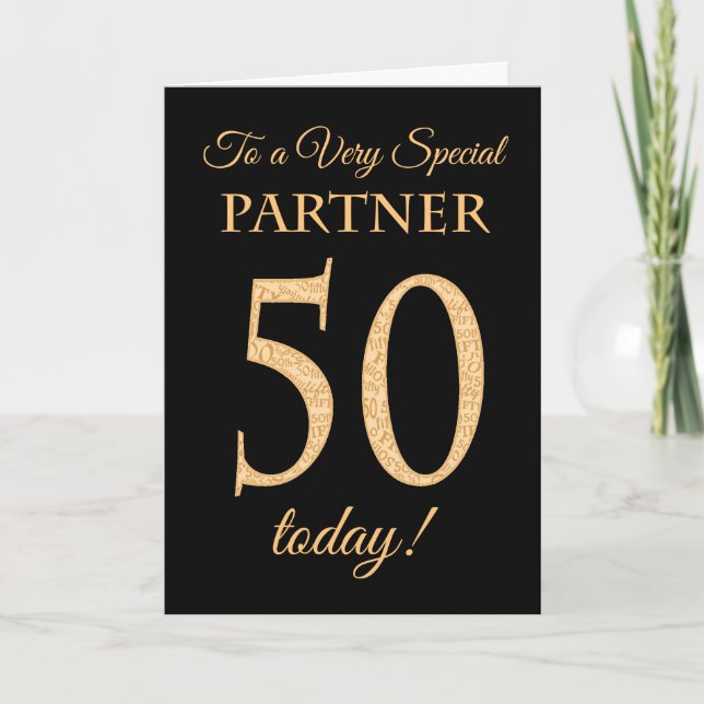 Chic 50. Gold-Effekt auf Black, Partner Birthday Karte (Vorderseite)