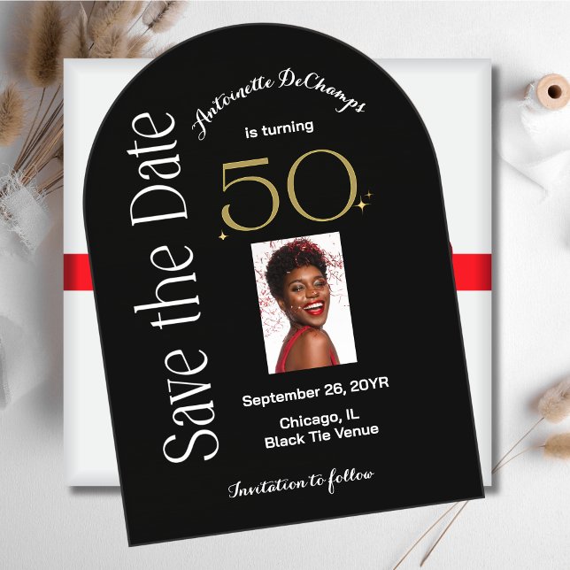 Chic 50 und fabelhafter Black Gold Arch Save the D Acryleinladungen (Custom 50 & Fabulous Elegant Calligraphy Black Gold Acrylic Birthday Invitation)