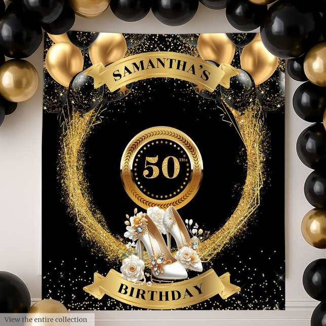 Chic 50th Birthday Banner Gold Glitzer Heels Wandteppich (Chic 50th Birthday Banner Gold Glitter Heels Tapestry)