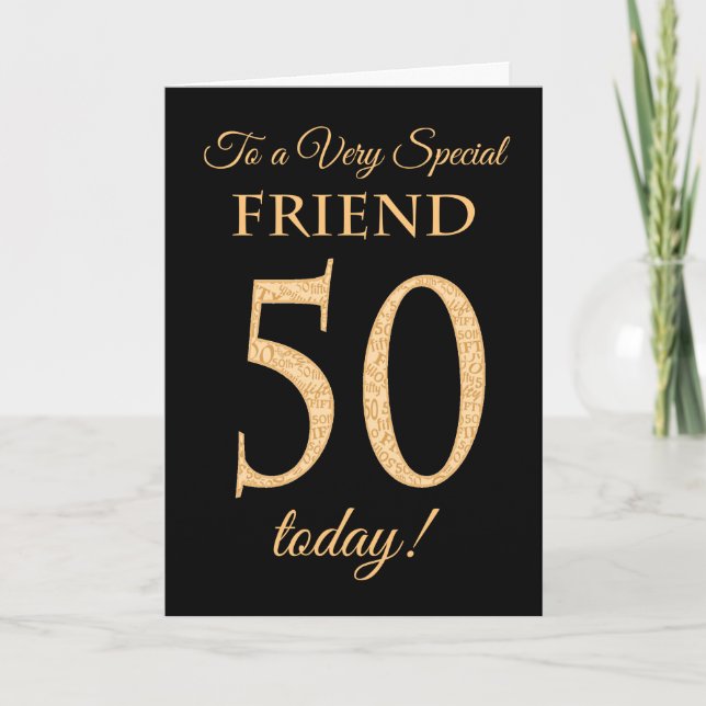 Chic 50th Gold-Effekt auf Black, Friend Birthday Karte (Vorderseite)