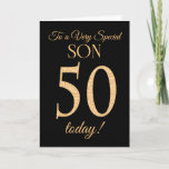 Chic 50th Gold-Effekt auf Black, für Son Birthday Karte<br><div class="desc">Eine schicke 50. Geburtstagskarte für einen 'Sehr Special Son',  mit einer Zahl 50,  die aus Goldene-Effekt-Zahlen und dem Wort 'Son' auf schwarzem Hintergrund besteht. Die innere Botschaft,  die Sie ändern können,  wenn Sie wollen,  ist "Happy Birthday"</div>