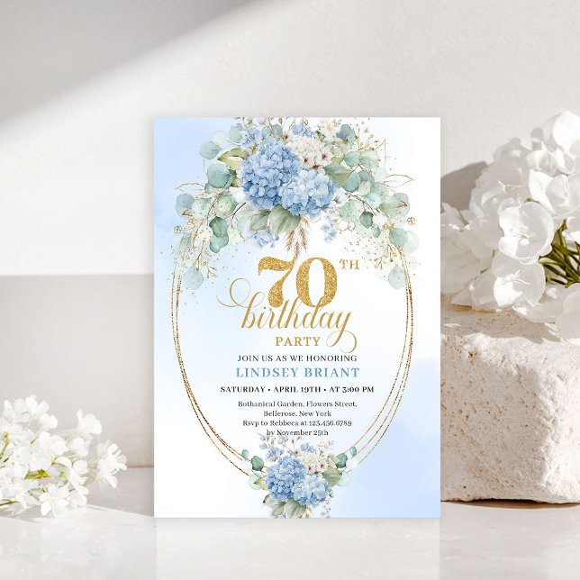 Chic 70th Birthday Blue Floral Eucalyptus Invites Einladung (Chic 70th Birthday Blue Floral Eucalyptus Invitation)